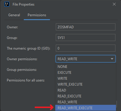 USS permissions select from drop-down